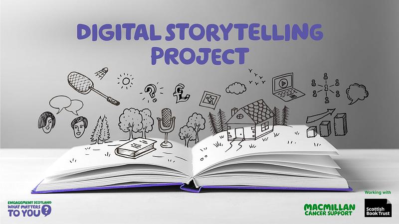 Macmillan Digital Storytelling Project logo displaying blank book with illustrations 